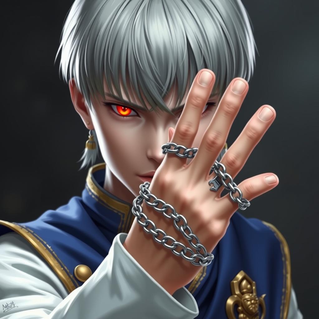 A young androgynous man with pale skin and intense, glowing red eyes, styled in a straight bob cut with bangs