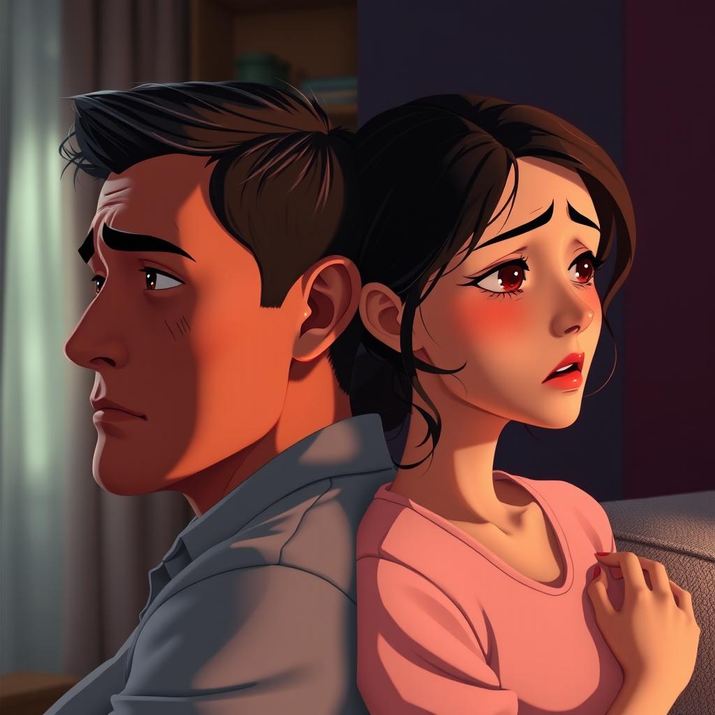 A hyper-realistic animated image depicting a couple in their early 30s positioned back to back, with a mirror-like division representing two different timelines