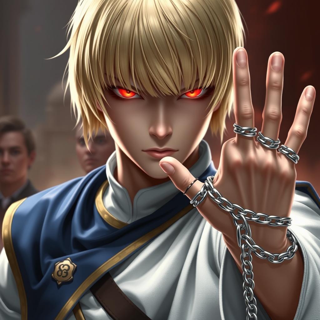 A young androgynous man with pale skin and intense, glowing red eyes, known as Scarlet Eyes