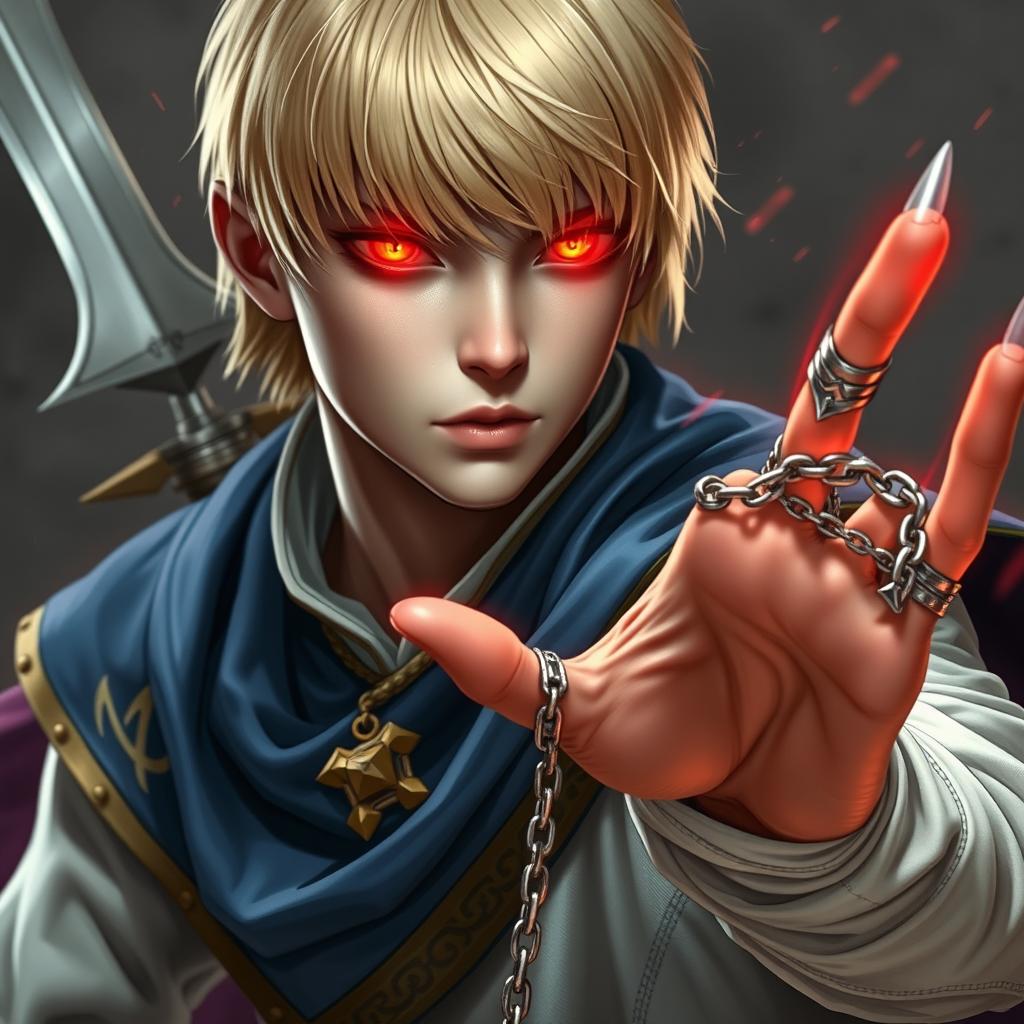 A young androgynous man with pale skin and intense, glowing red eyes referred to as Scarlet Eyes