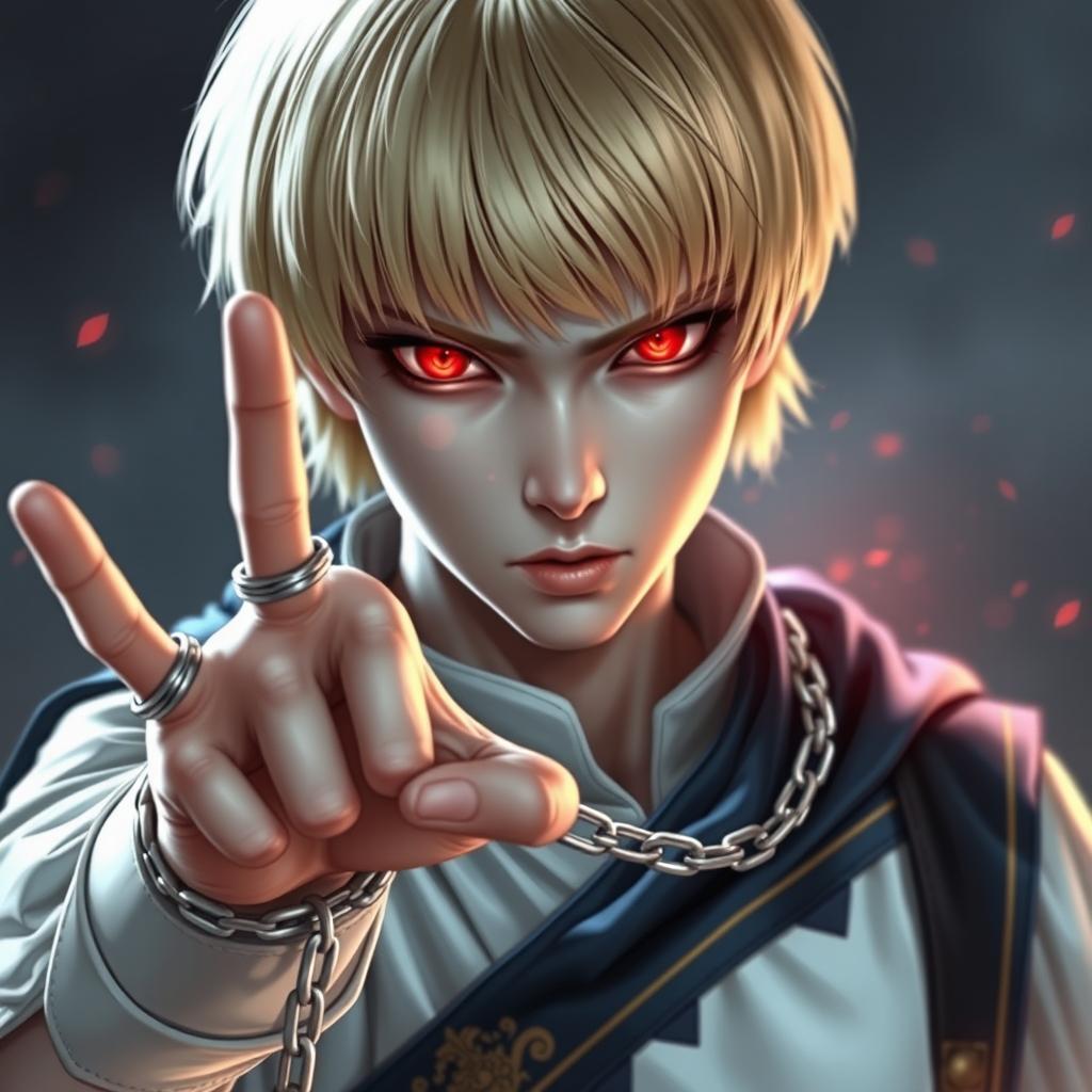 A young androgynous man with pale skin and intense red glowing eyes, referred to as Scarlet Eyes
