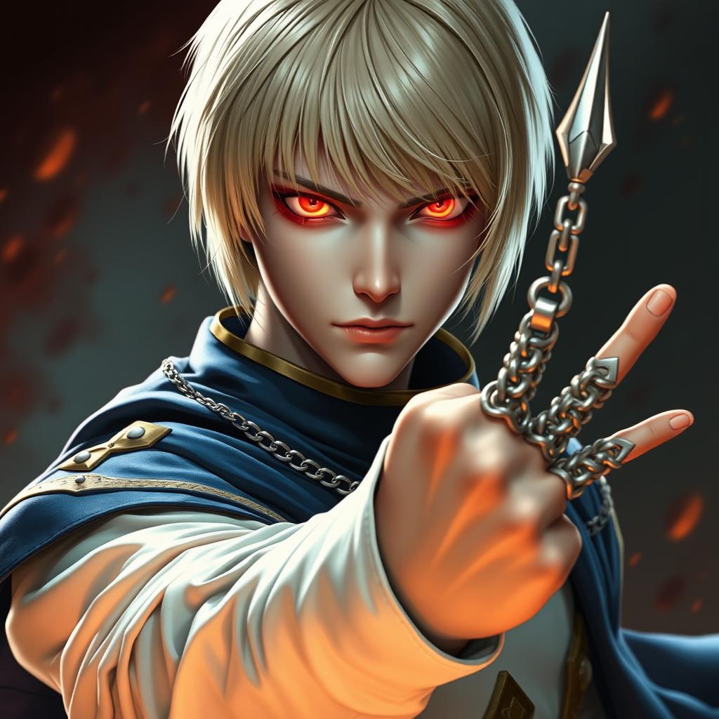 A young androgynous man with pale skin and striking, intense red glowing eyes, known as Scarlet Eyes