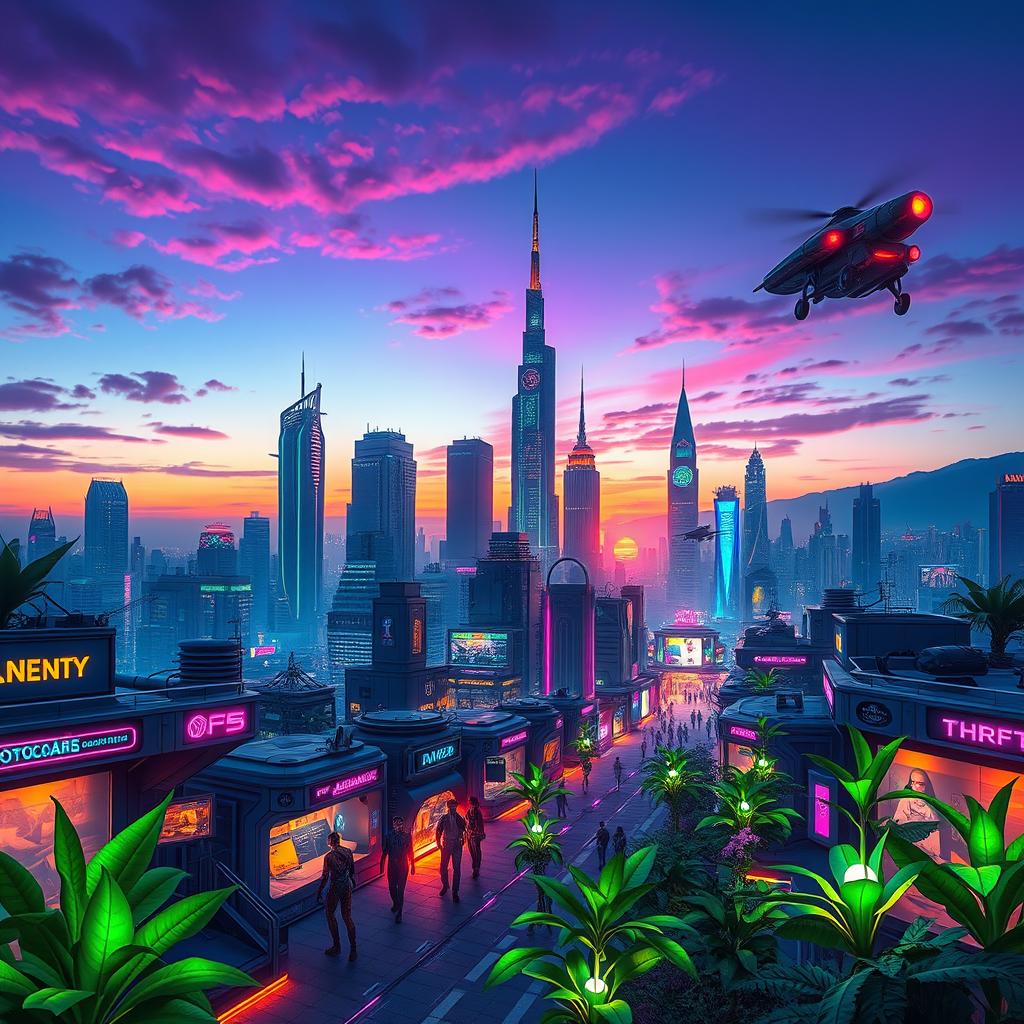 Enhance a vibrant portrait of a futuristic city skyline at dusk, featuring towering skyscrapers with glowing neon signs and lights