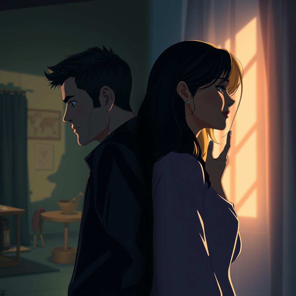 A hyper-realistic animated scene featuring a couple in their early 30s, depicted in a back-to-back mirror-like image showcasing two different timelines of their lives