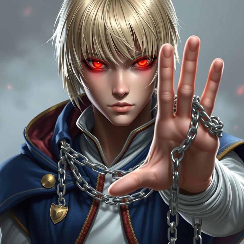 A young androgynous man with pale skin and intense, glowing red eyes, commonly referred to as Scarlet Eyes