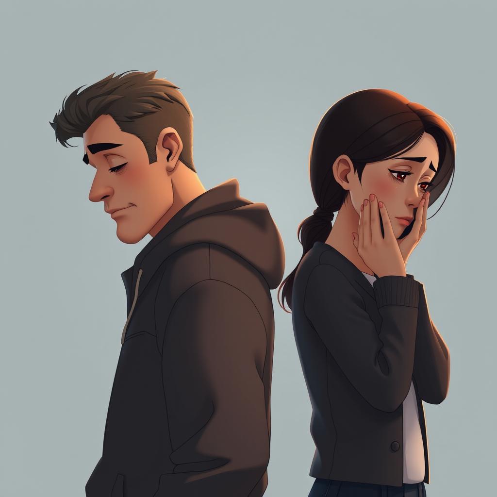 A hyper-realistic animated scene featuring a couple in their early 30s, captured in a back-to-back mirror-like composition