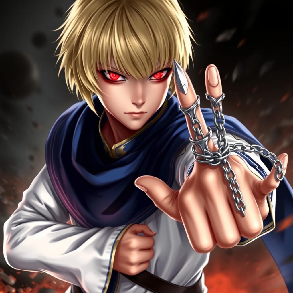 A young, androgynous man with pale skin and intense red glowing eyes (Scarlet Eyes) stands in a dynamic fighting stance