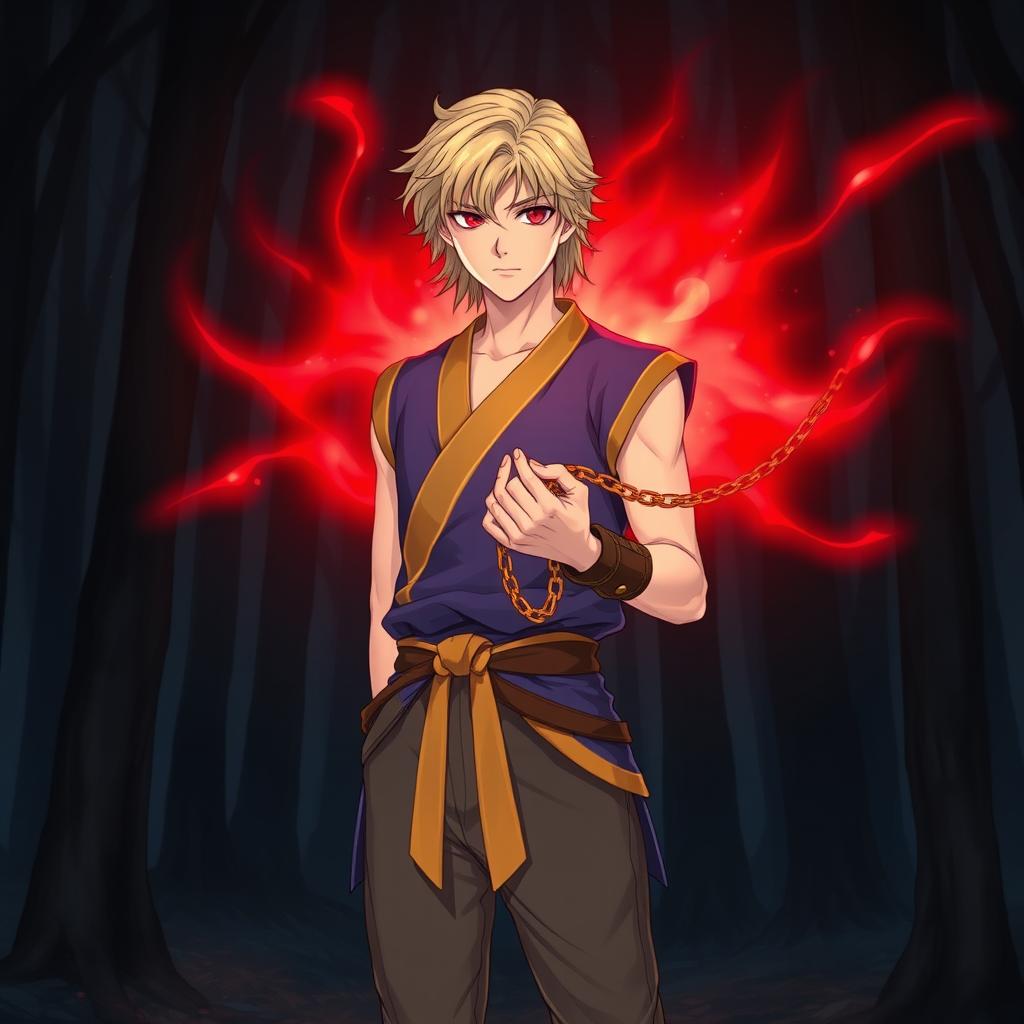 A serious-looking young man with fair skin and medium-length blonde hair stands confidently