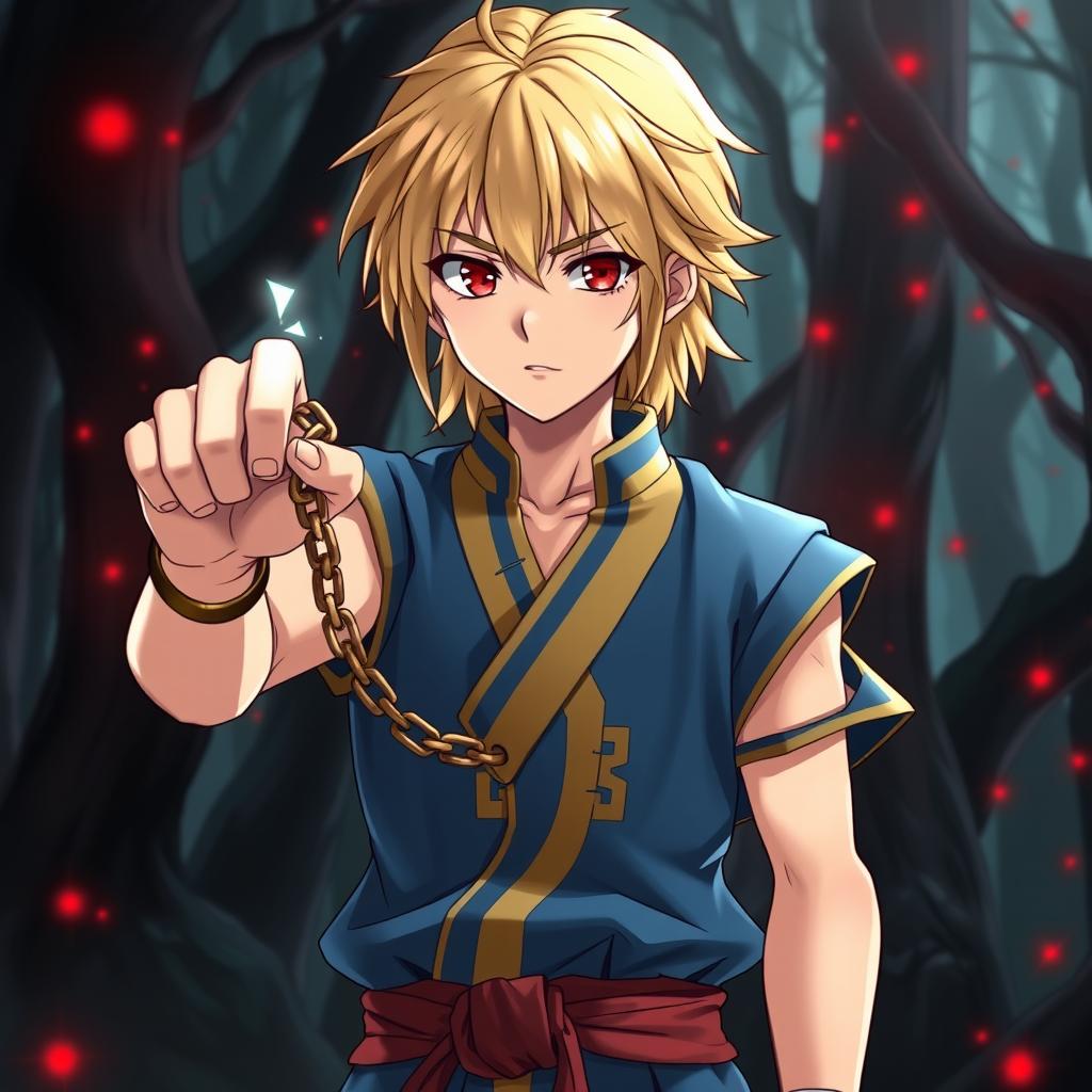 A serious-looking young man with fair skin, medium-length blonde hair, and striking red eyes