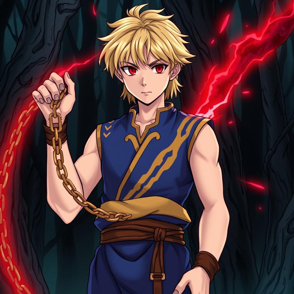 A serious-looking young man with fair skin and medium-length blonde hair, featuring striking red eyes