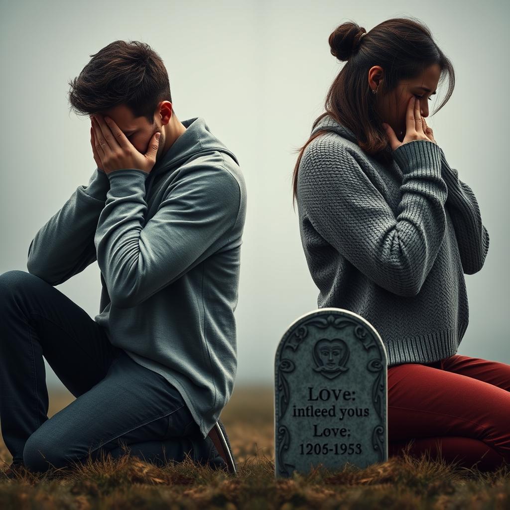 A hyper-realistic image depicting a couple in their early 30s shown back to back in a mirror-like format, illustrating two contrasting scenarios of heartbreak due to sudden death