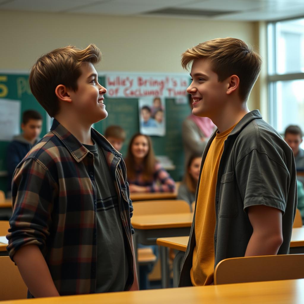 A high school classroom scene capturing a pivotal moment between two teenage boys, Ethan and Jake