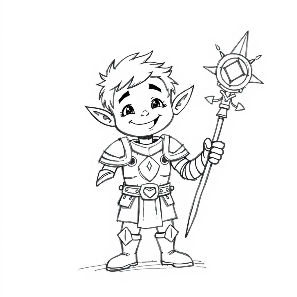 A black and white pencil sketch depicting a halfling male character clad in chain armor, illustrated in a simplistic and whimsical style reminiscent of a child's drawing