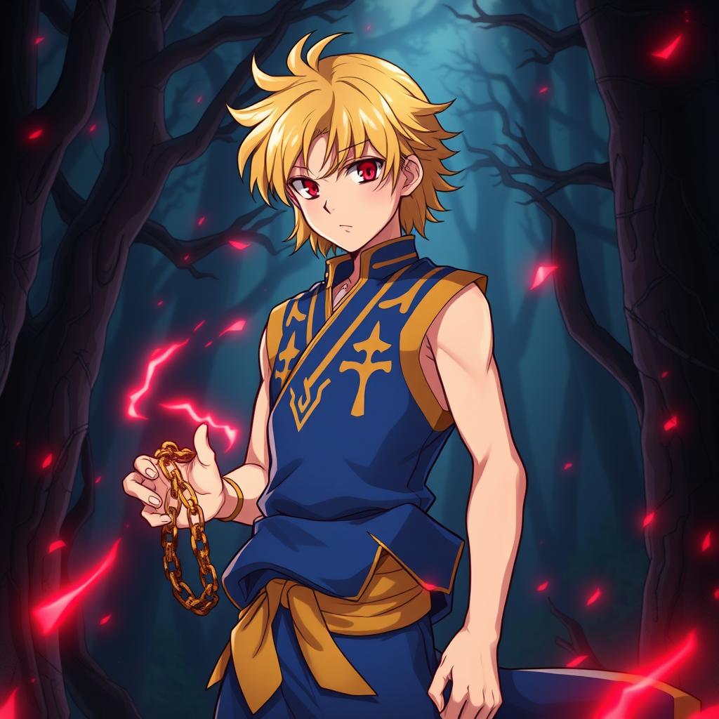 A young man inspired by the character Kurapika from Hunter x Hunter, featuring distinctive fair skin, medium-length blonde hair, and piercing red eyes
