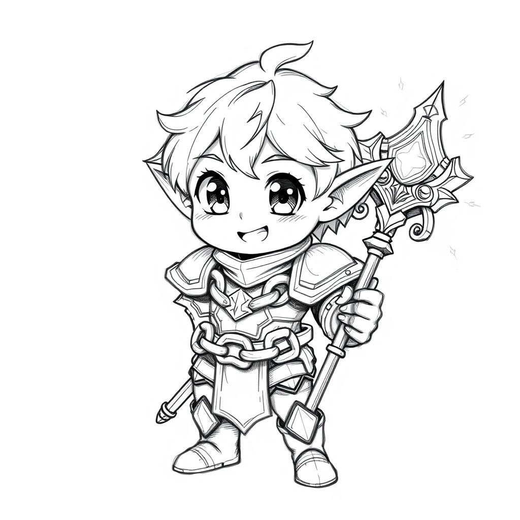 A black and white pencil sketch of a halfling male character wearing chain armor, drawn in an anime style