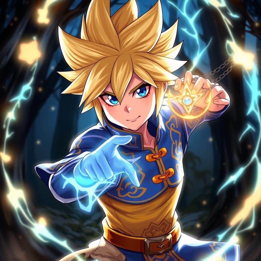 A dynamic and striking portrayal of Kurapika from Hunter x Hunter, featuring his iconic spiky blond hair, vivid blue eyes, and wearing his distinctive blue and yellow outfit adorned with traditional motifs
