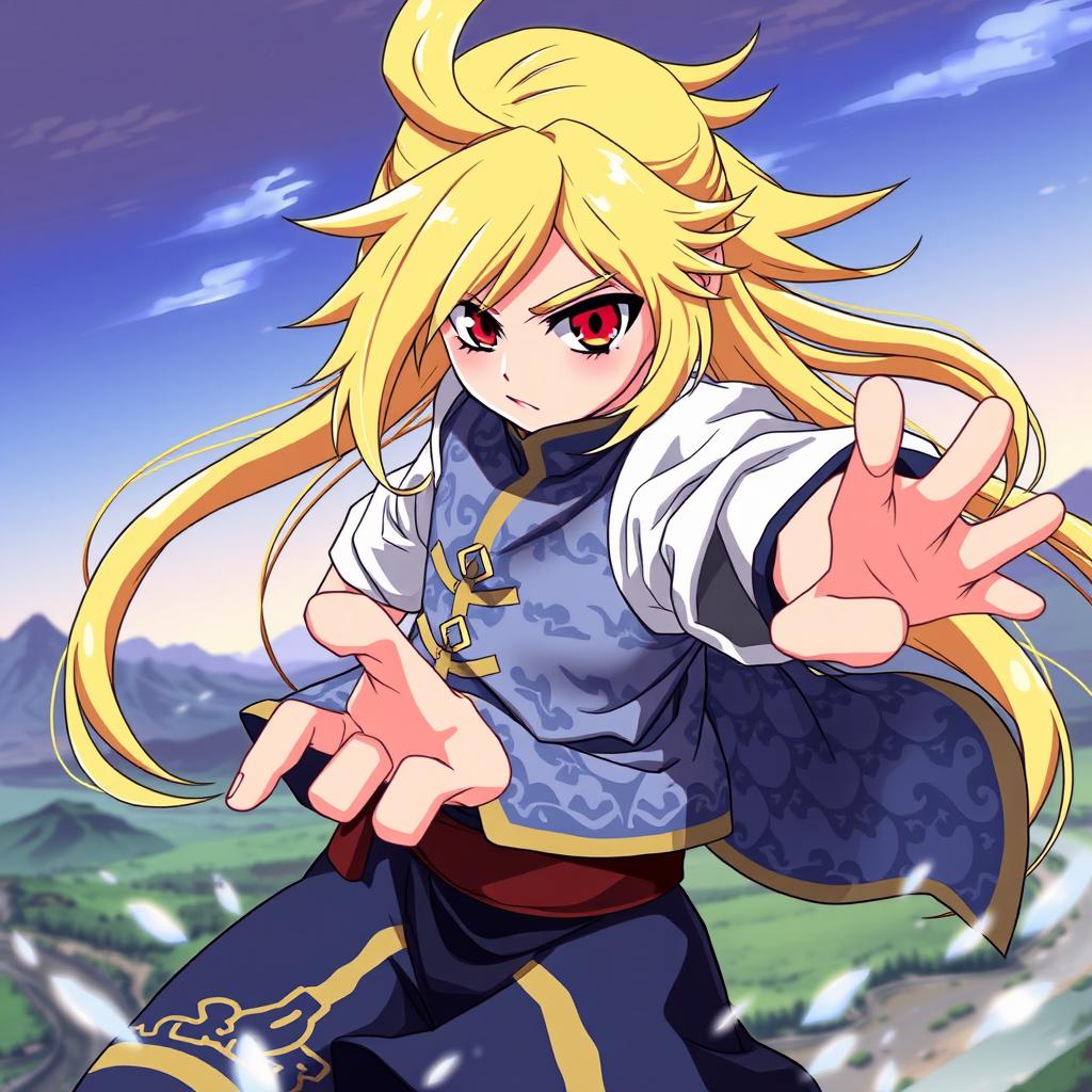 A dynamic and colorful illustration of Kurapika from Hunter x Hunter, depicted in a stylized anime format