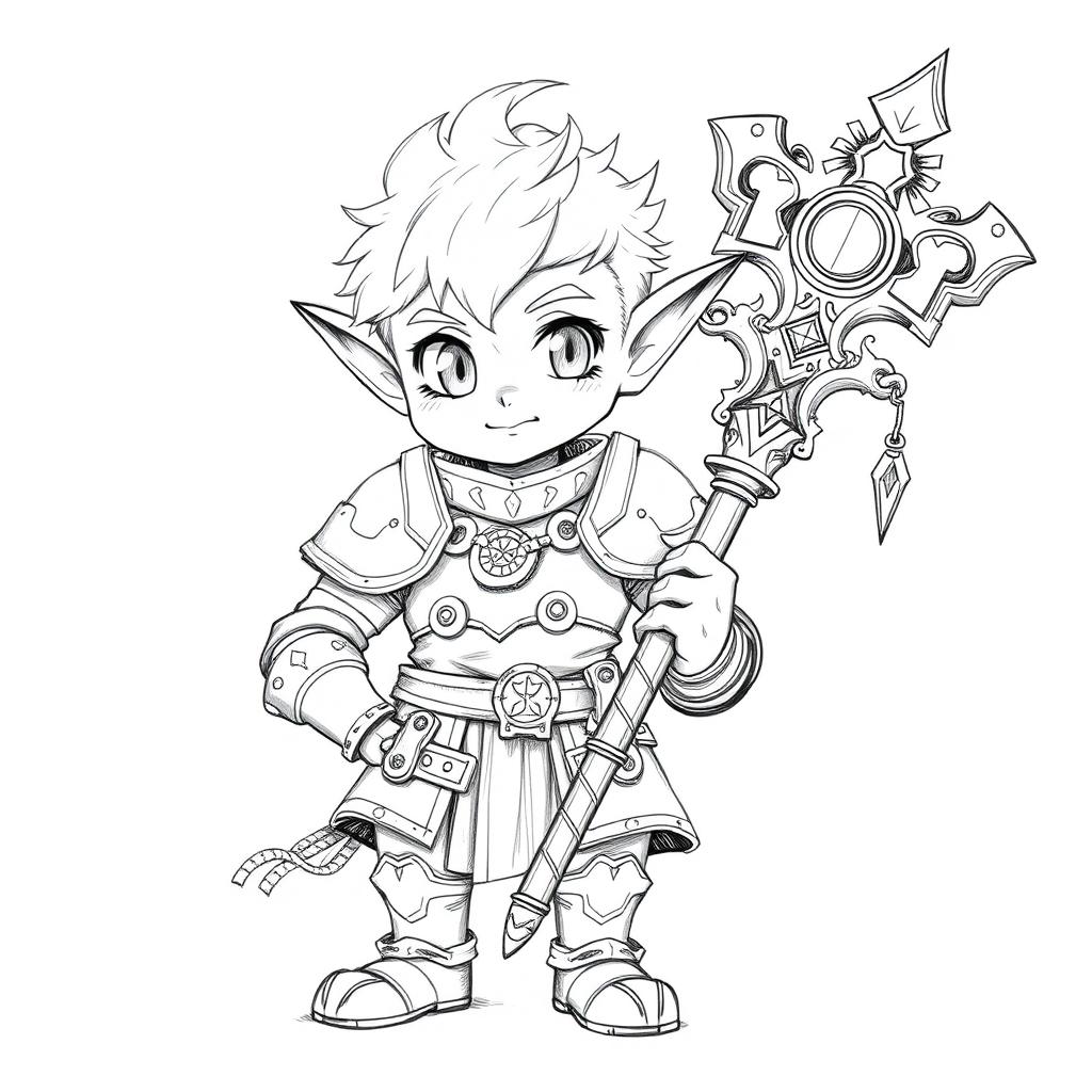 A black and white pencil sketch of an adult halfling male character dressed in chain armor, rendered in an anime style