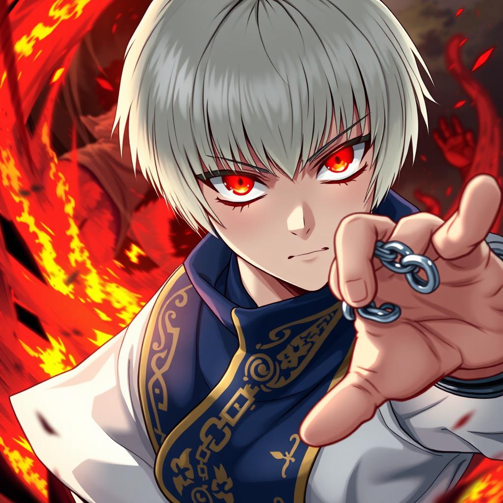 An illustration of Kurapika from Hunter x Hunter, depicted as a young, androgynous man with pale skin and strikingly intense red glowing eyes