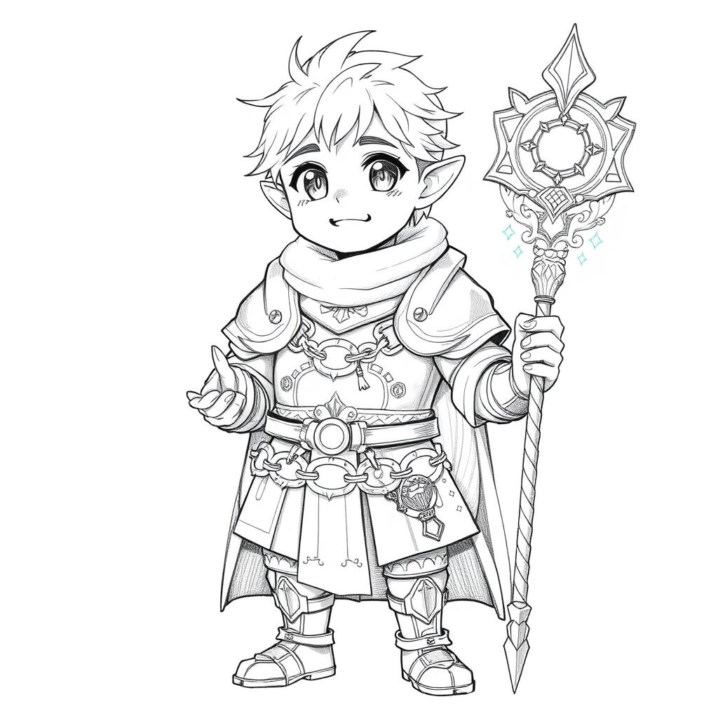 A black and white pencil sketch of an adult hobbit male character dressed in chain armor, rendered in an anime style