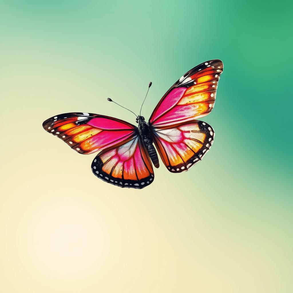 A butterfly featuring a vibrant color with the hex code #ec5d29, delicately detailed with intricate wing patterns, set against a smooth one-color background in a soft hue with the hex code #fadda7