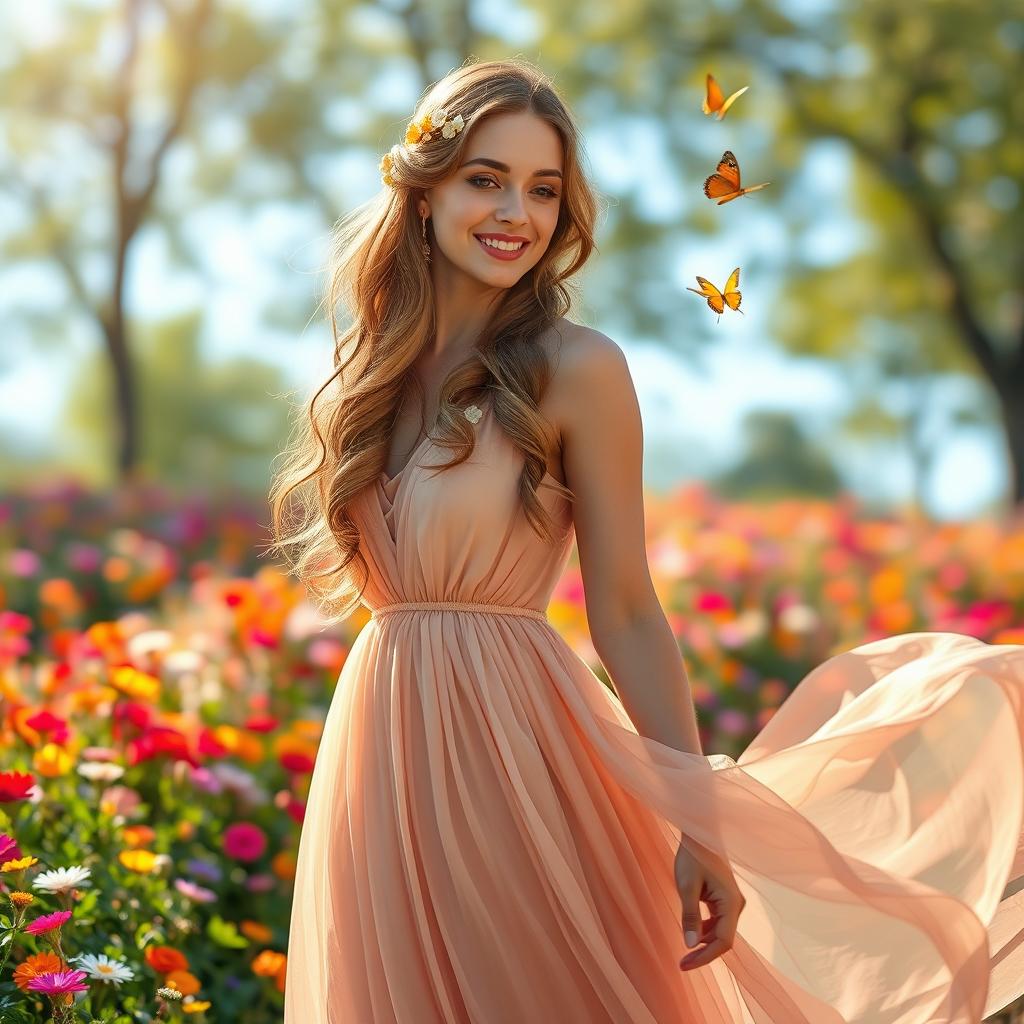 A beautiful woman standing in a vibrant, lush garden filled with colorful flowers, wearing a flowing, elegant dress that gently sways in the breeze
