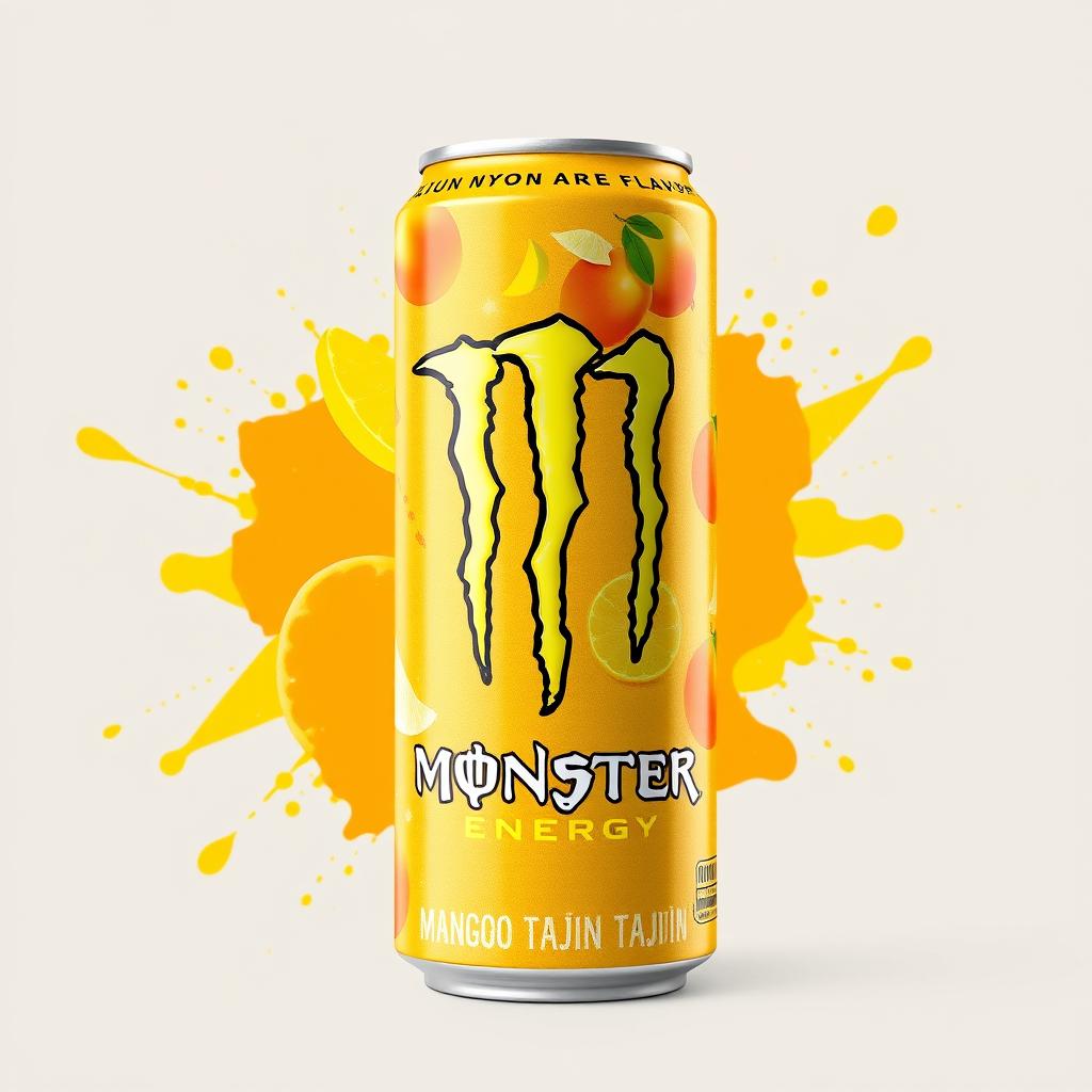 A vibrant and refreshing can of Monster Energy drink, designed to depict a unique mango Tajín flavor