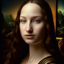 Hyper-detailed and realistic 8k photograph of a beautiful, enigmatic woman, where her skin pores are visible, reflecting the essence of the Mona Lisa