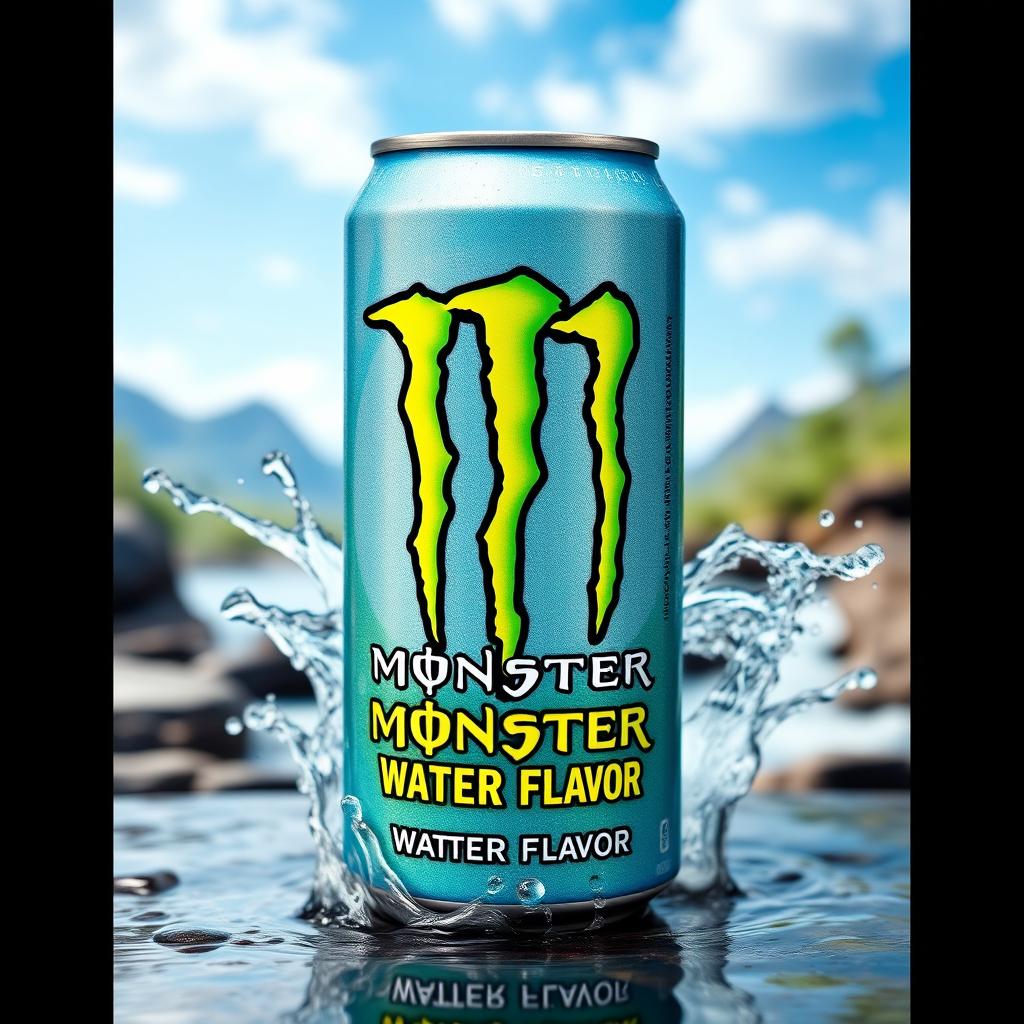 A can of Monster Energy drink designed to look like a flavor of water