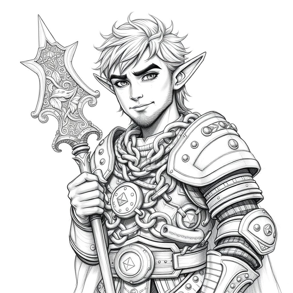 A lifelike black and white pencil sketch of an adult fantasy halfling male character dressed in chain armor