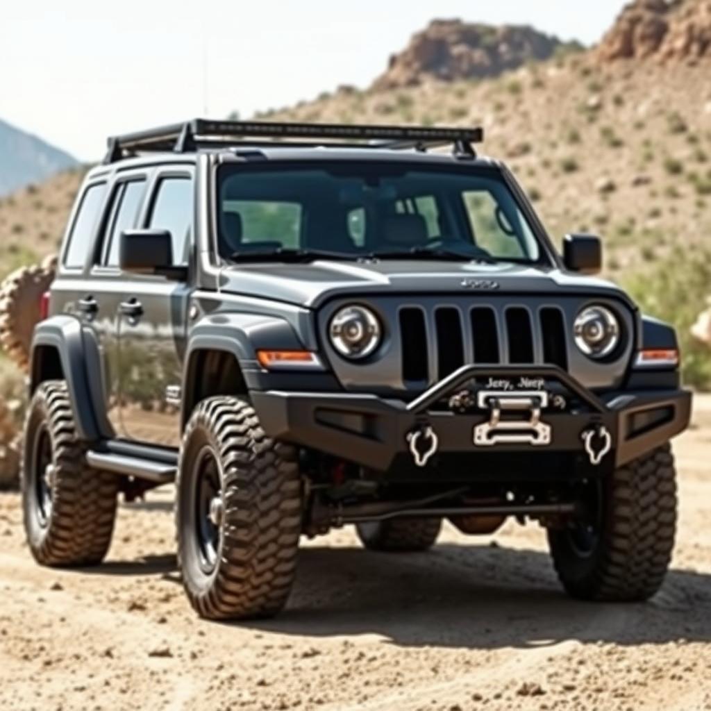 A dark gray Jeep Patriot modified with the front of a 2018 Jeep Wrangler JL, known as the 'Shark' style