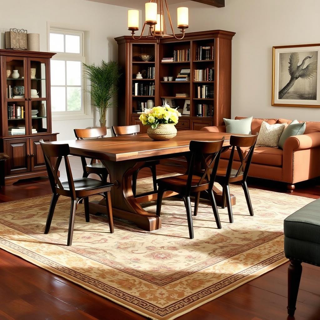 A cozy indoor dining room scene featuring a rustic wooden table with matching chairs