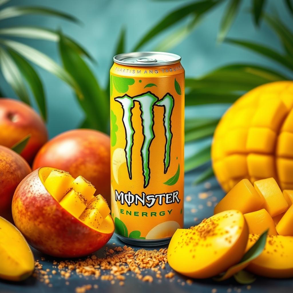 A vibrant, eye-catching image of a Monster Energy drink can designed to feature a unique flavor combination of mango and Tajín spice