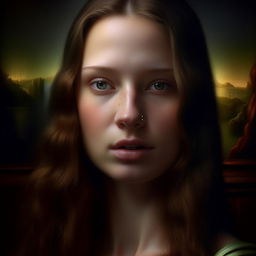 Hyper-detailed and realistic 8k photograph of a beautiful, enigmatic woman, where her skin pores are visible, reflecting the essence of the Mona Lisa