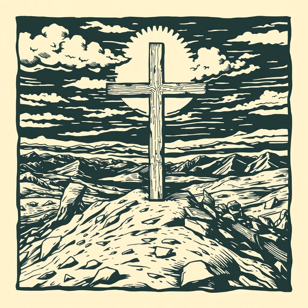 A woodcut style illustration depicting an empty cross on Golgotha, the hill where Jesus was crucified