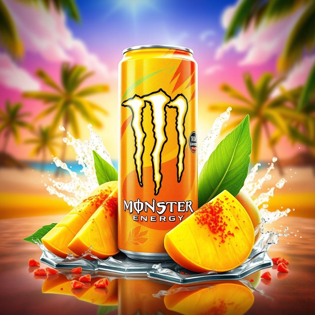 A striking visual illustration of a can of Monster Energy infused with mango and Tajín flavor