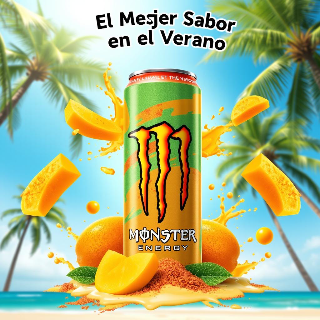 An enticing illustration of a can of Monster Energy featuring the unique flavor of mango and Tajín