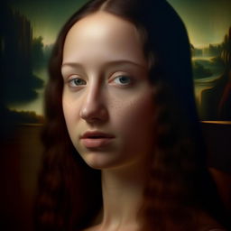 Hyper-detailed and realistic 8k photograph of a beautiful, enigmatic woman, where her skin pores are visible, reflecting the essence of the Mona Lisa