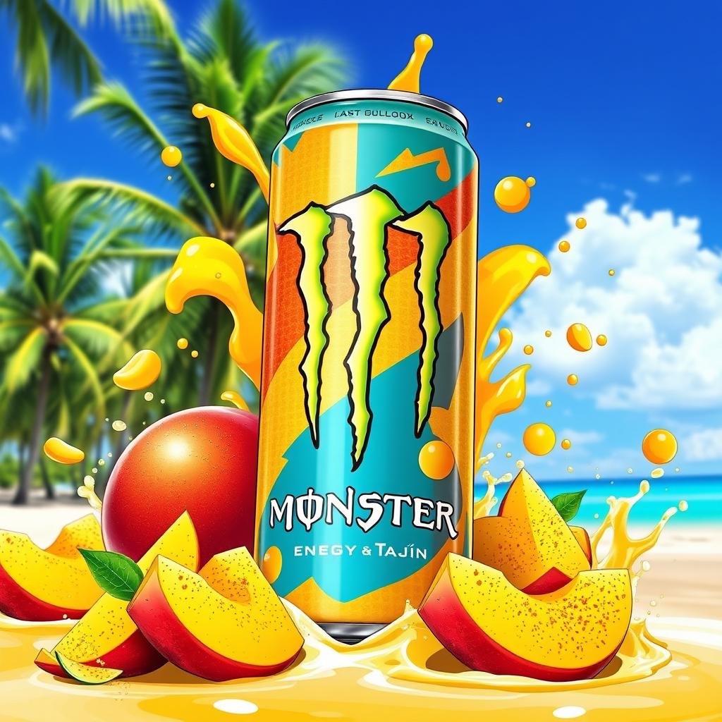 A vivid and colorful illustration of a can of Monster Energy with mango and Tajín flavor
