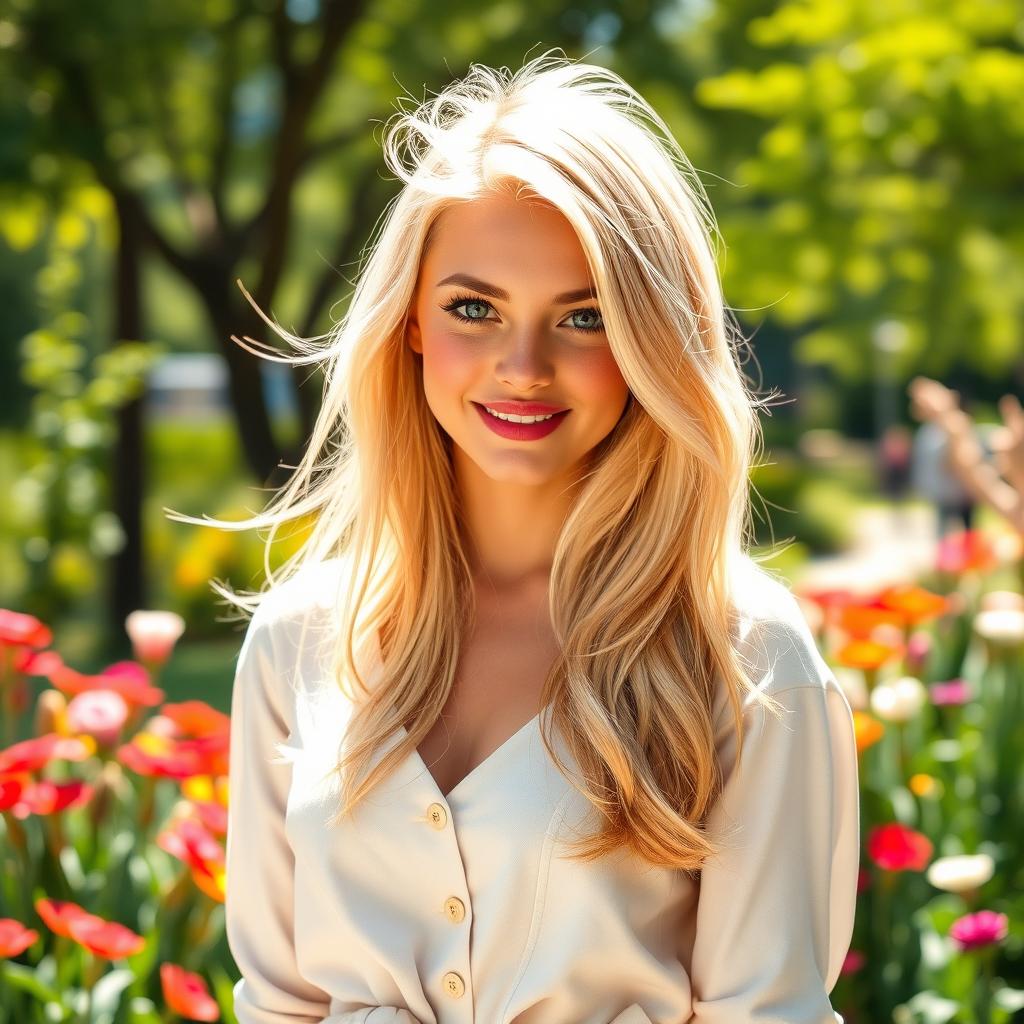 A stunning young blonde woman, with bright, flowing hair styled elegantly, wearing a fashionable outfit that accentuates her beauty