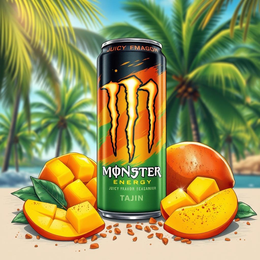 A stunningly realistic illustration of a can of Monster Energy with mango and Tajín flavor