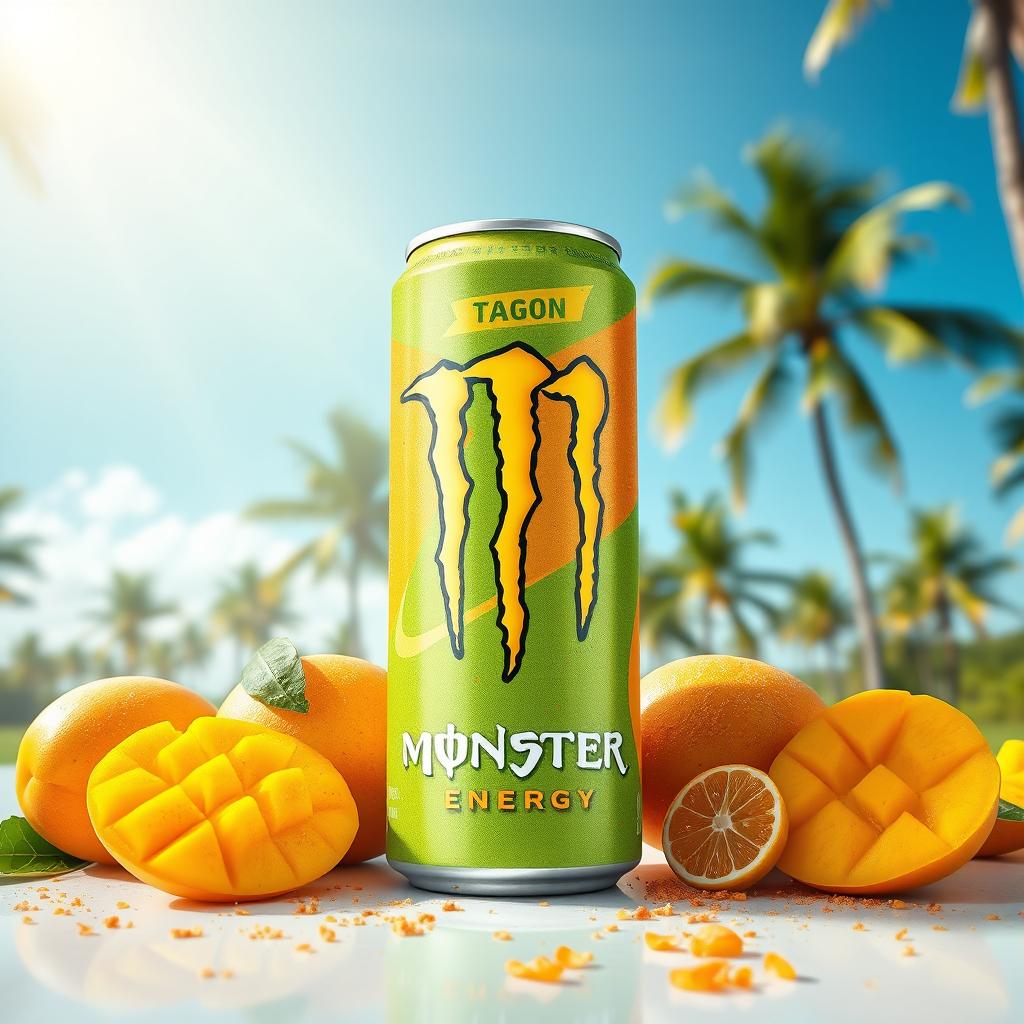 A visually striking depiction of a can of Monster Energy showcasing the mango Tajín flavor