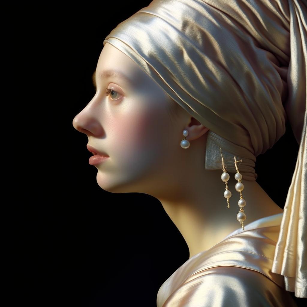 Hyper-detailed and realistic 8k photograph of a radiant woman with a pearl earring, where her skin pores are visible, emulating the essence of The Girl with a Pearl Earring