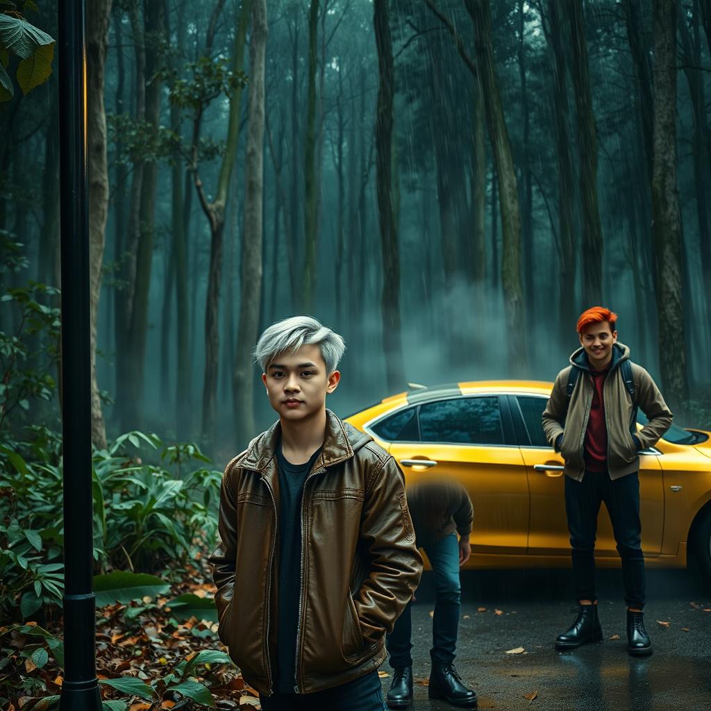 A creepy forest setting with pouring rain, featuring a skinny black street pole with a glowing light