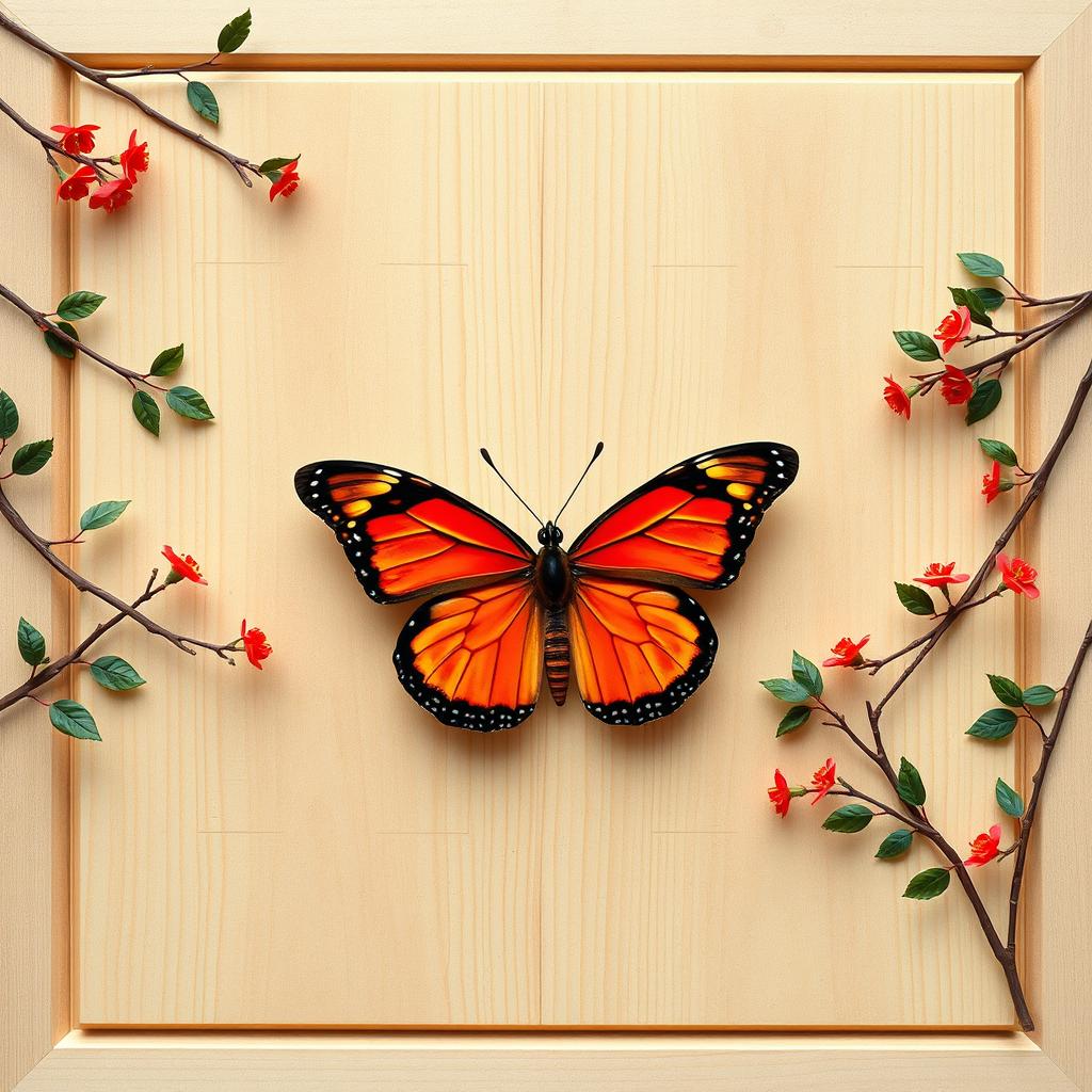 A simple light brown wooden background resembling a table, with a highly detailed butterfly in a raised three-dimensional form positioned in the center