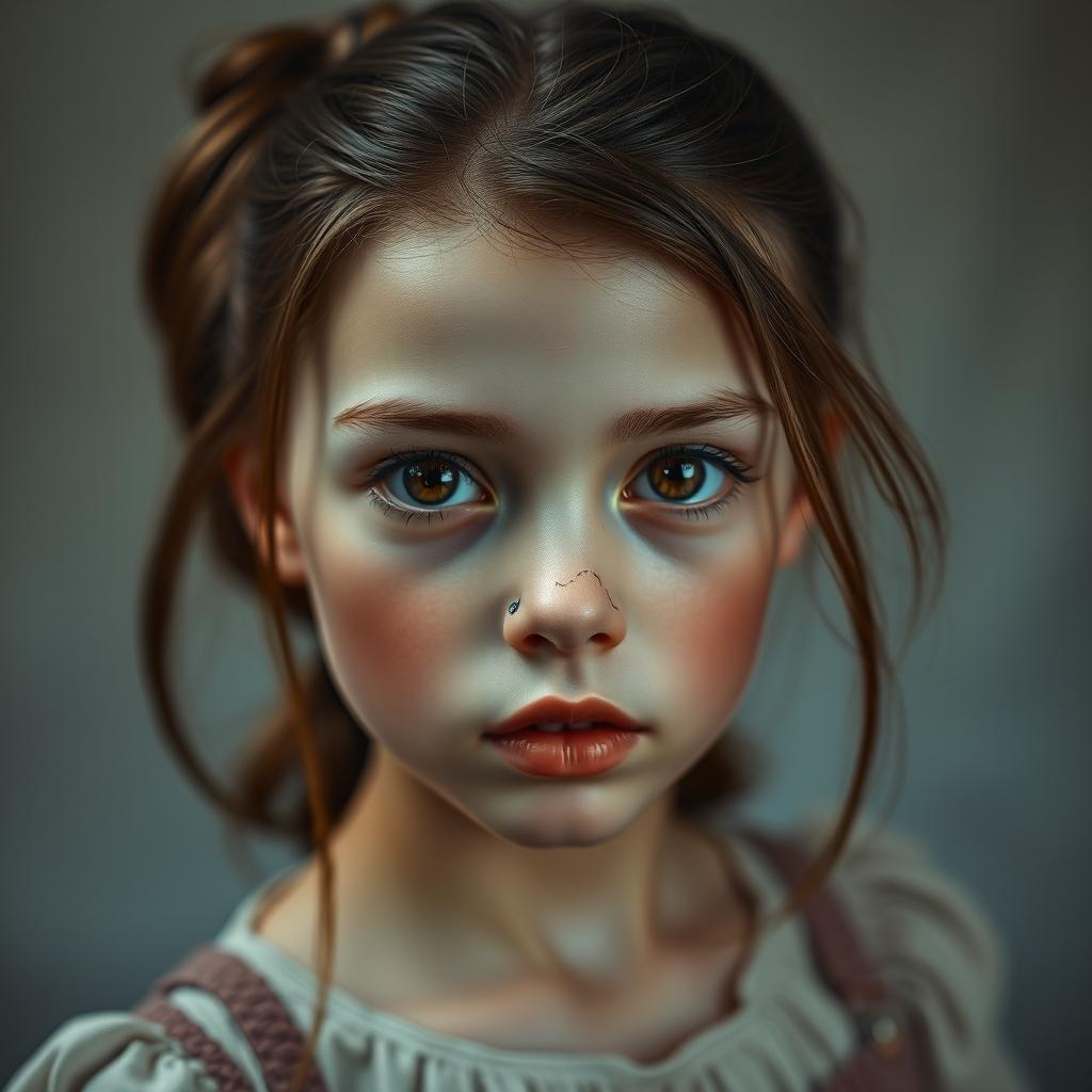 A girl with brown hair tied back, big lips, and brown eyes featuring a distinctive nose with a little bump