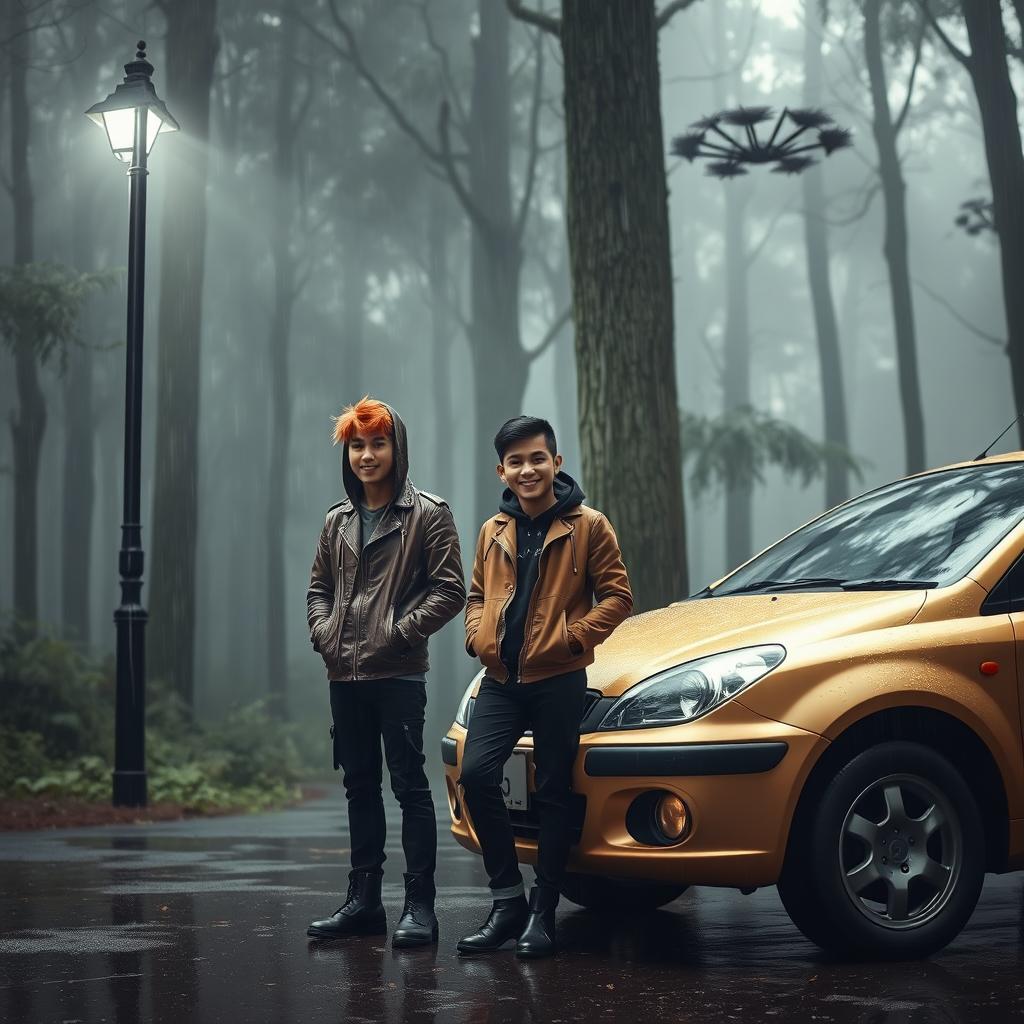 A creepy forest setting enhanced by pouring rain, featuring a skinny black street pole casting light