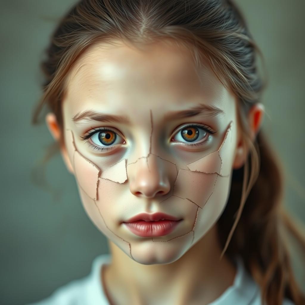 An 18-year-old girl with brown hair tied back and brown eyes, featuring a slightly prominent nose with a small bump and full lips, gazing directly at the camera