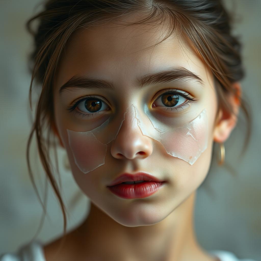 An 18-year-old girl of mixed Turkish and Asian descent, with brown hair tied back, deep brown eyes, and a slightly bumpy nose, featuring full, expressive lips