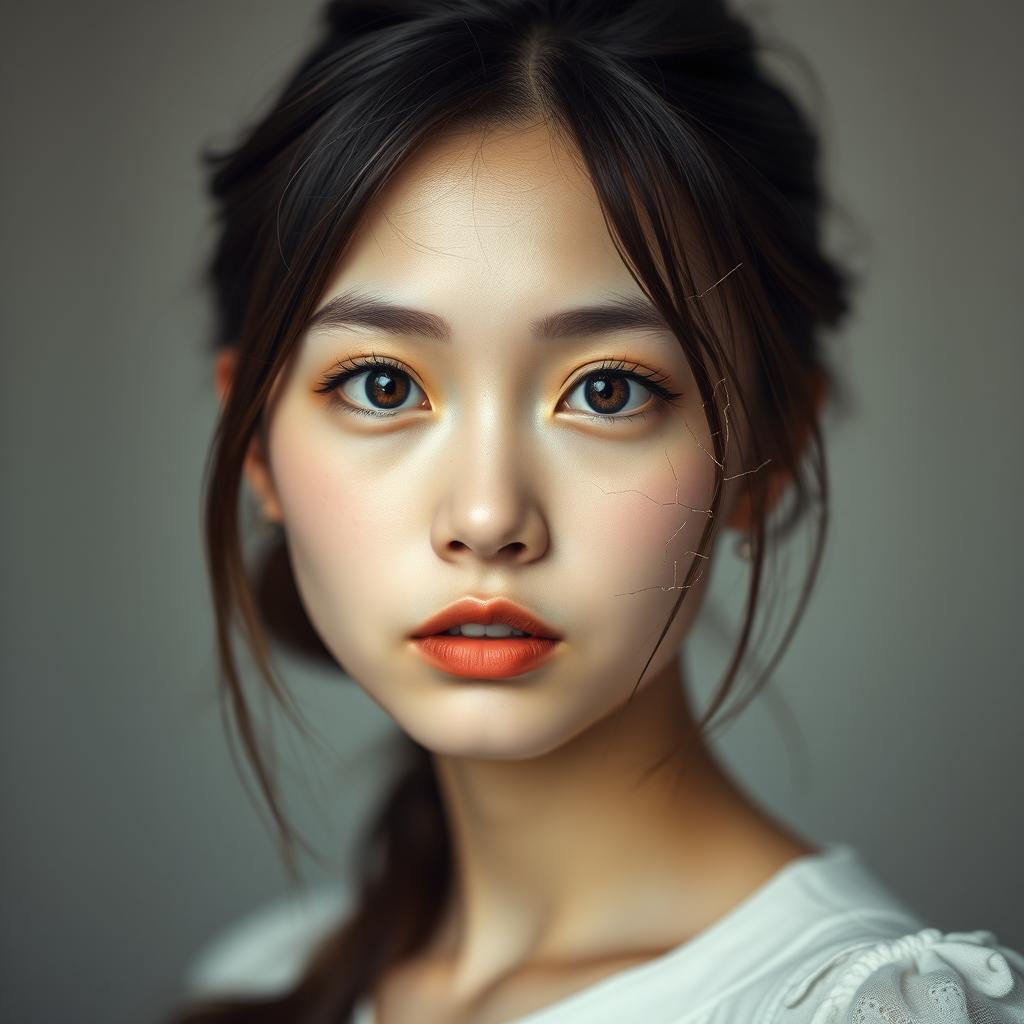 A portrait of a young woman aged 18, showcasing her half Asian features, with brown hair elegantly tied back and expressive brown eyes